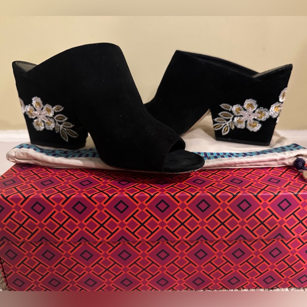 Tory Burch Embroidered Floral Suede Wedge Mule